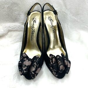 BEVERLY FELDMAN Size 7.5 Dotty Black Crepe/Lace Sling Back Heels